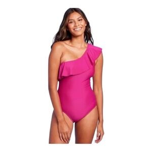 Kona Sol Fuscia Pink One Piece Full Coverage Ruffle One Shoulder Swimsuit 20 NWT